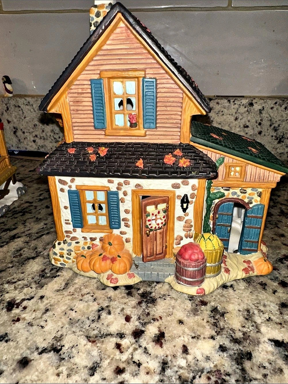 Decorative Cottage House Figure in Orange & Blue